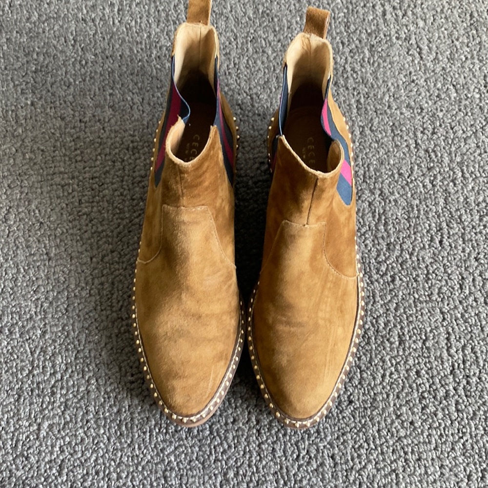 Cecilia suede boots with red and blue pull on and gold beading around the foot